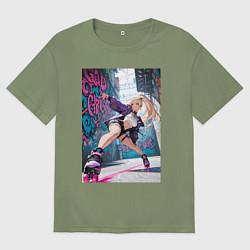 Футболка оверсайз мужская Девушка на роликах исполняет трюки, цвет: авокадо