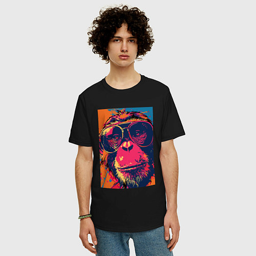 Мужская футболка оверсайз Обезьяна в очках big pop art / Черный – фото 3
