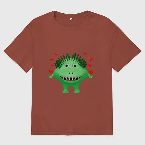 Мужская футболка оверсайз Влюбленный мультяшный зеленый монстр / Кирпичный – фото 1