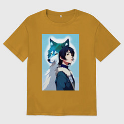 Мужская футболка оверсайз Мечтательная девчонка и волк - нейроарт