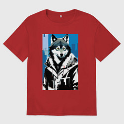 Мужская футболка оверсайз Волк в мегаполисе - нейроарт