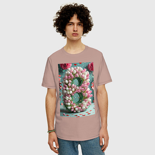 Мужская футболка оверсайз Тюльпаны к 8 марта / Пыльно-розовый – фото 3