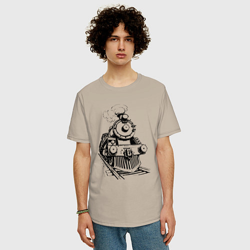 Мужская футболка оверсайз Векторный паровоз / Миндальный – фото 3