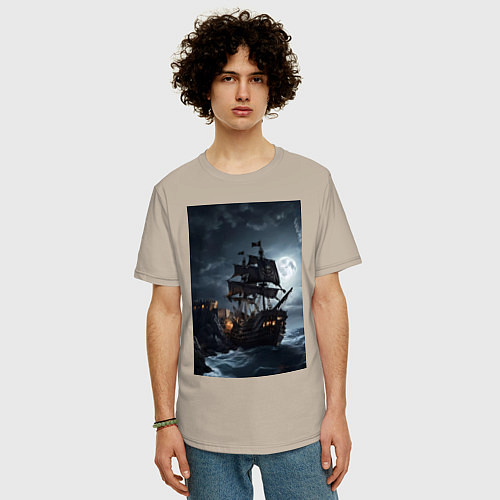 Мужская футболка оверсайз Пиратский корабль в шторм / Миндальный – фото 3