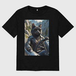 Футболка оверсайз мужская Кот за рулем кабролета, цвет: черный