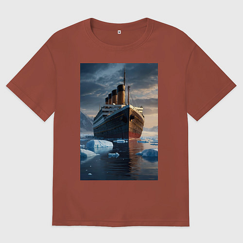 Мужская футболка оверсайз Титаник плывет среди айсбергов / Кирпичный – фото 1