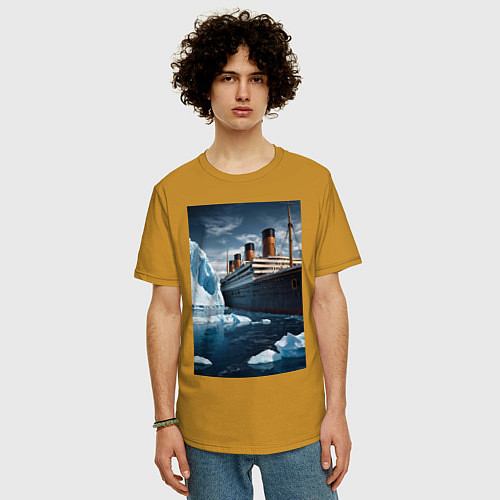 Мужская футболка оверсайз Титаник плывет среди айсбергов / Горчичный – фото 3