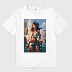 Футболка оверсайз мужская Пиратка на фона флотилии кораблей, цвет: белый