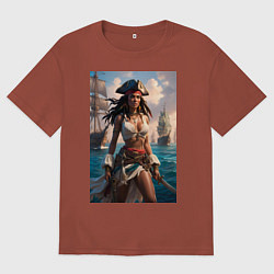 Футболка оверсайз мужская Пиратка на фона флотилии кораблей, цвет: кирпичный