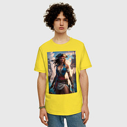 Футболка оверсайз мужская Пиратка на фона флотилии кораблей, цвет: желтый — фото 2