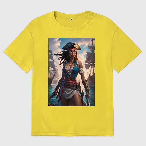 Мужская футболка оверсайз Пиратка на фона флотилии кораблей / Желтый – фото 1