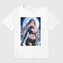 Футболка оверсайз мужская Аниме девушка в секси доспехах на фоне луны, цвет: белый
