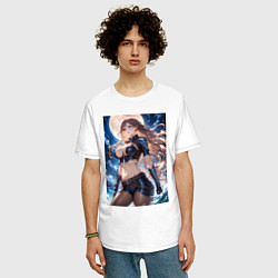 Футболка оверсайз мужская Девушка в доспехах на фоне Луны - hot anime, цвет: белый — фото 2