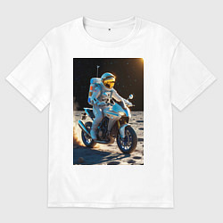 Футболка оверсайз мужская Космонавт ездит на мотоцикле по Луне, цвет: белый