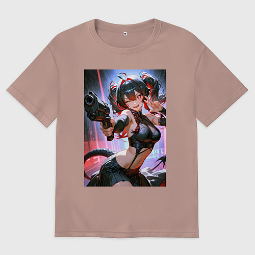 Мужская футболка оверсайз Девушка-демон с пистолетом / Пыльно-розовый – фото 1