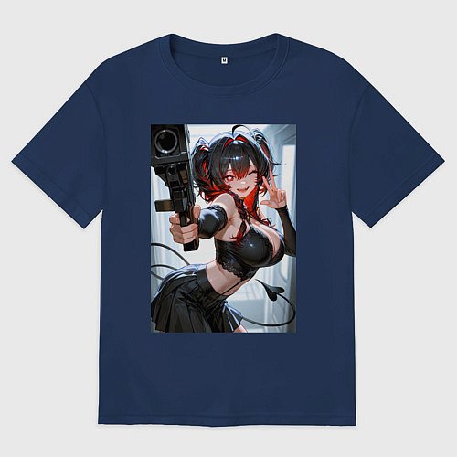 Мужская футболка оверсайз Девушка-демон с пистолетом / Тёмно-синий – фото 1