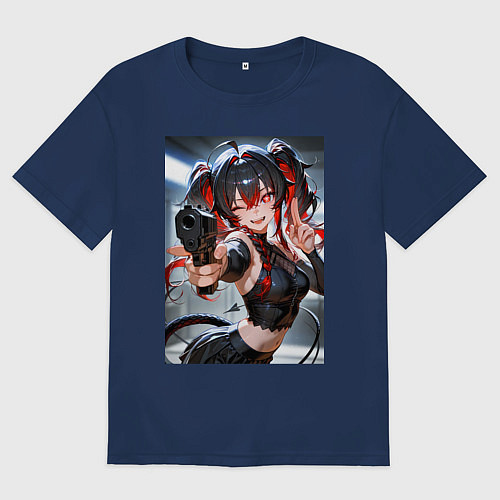 Мужская футболка оверсайз Девушка-демон с пистолетом / Тёмно-синий – фото 1