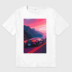 Футболка оверсайз мужская Суперкар едет около океана, цвет: белый