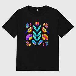 Футболка оверсайз мужская Неоновые цветы и птицы, цвет: черный