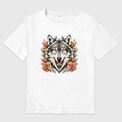 Мужская футболка оверсайз Голова волка в цветах