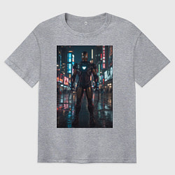Футболка оверсайз мужская Железный человек посреди ночного города, цвет: меланж