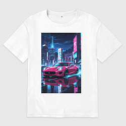 Футболка оверсайз мужская Вишневый спорткар по мокрой дороге, цвет: белый