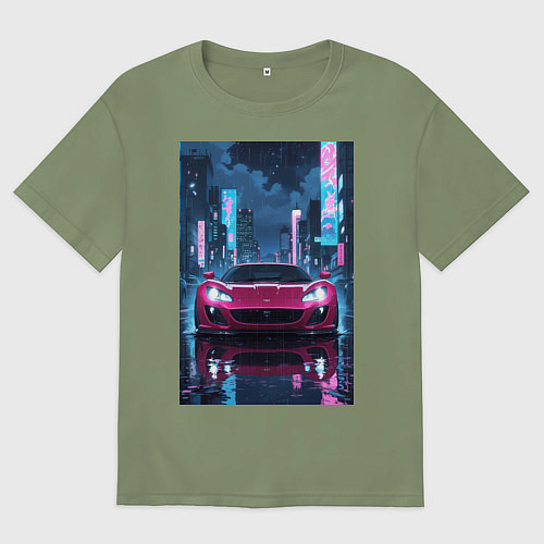 Мужская футболка оверсайз Вишневый спорткар по мокрой дороге / Авокадо – фото 1