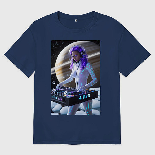 Мужская футболка оверсайз Девушка космо DJ на фоне сатурна / Тёмно-синий – фото 1