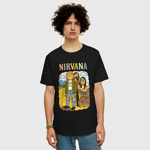 Мужская футболка оверсайз Nirvana мультяшный стиль / Черный – фото 3