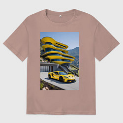 Футболка оверсайз мужская Желтый суперкар у дома, цвет: пыльно-розовый