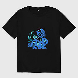 Футболка оверсайз мужская Синий заяц - голубые цветы, цвет: черный