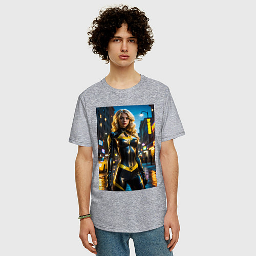 Мужская футболка оверсайз Черная Канарейка на улице города / Меланж – фото 3