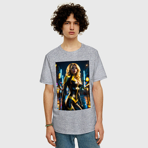 Мужская футболка оверсайз Черная Канарейка на улице города / Меланж – фото 3