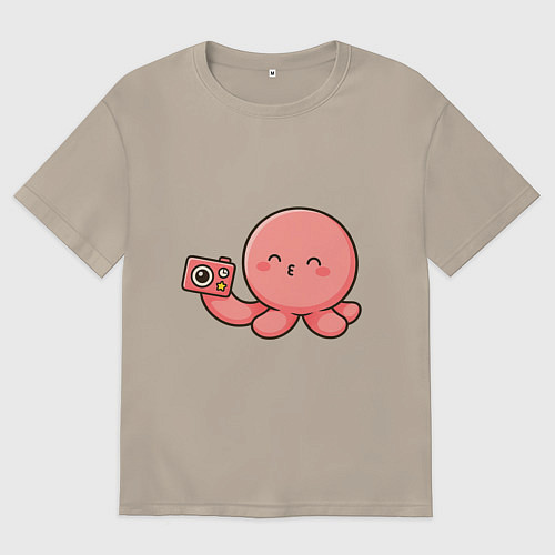 Мужская футболка оверсайз Такопи с фотоаппаратом / Миндальный – фото 1