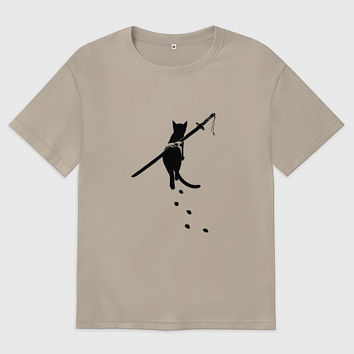 Мужская футболка оверсайз Бродячий кот с мечом / Миндальный – фото 1