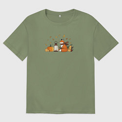 Футболка оверсайз мужская Лиса с тыквами и фонарём, цвет: авокадо