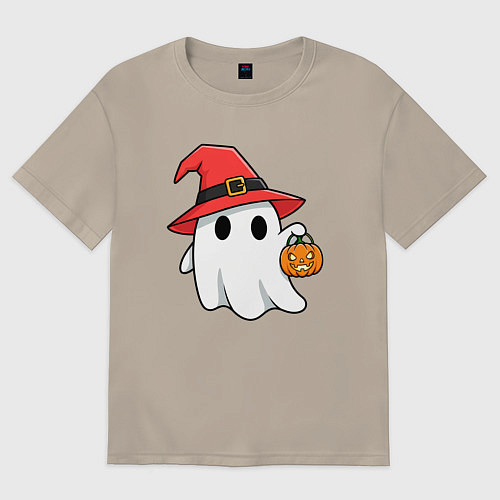 Мужская футболка оверсайз Призрак в красной шляпе / Миндальный – фото 1