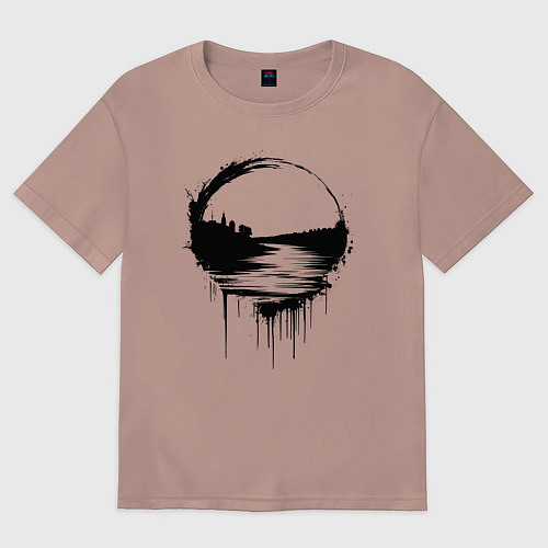 Мужская футболка оверсайз Волга река в стекающей краске / Пыльно-розовый – фото 1