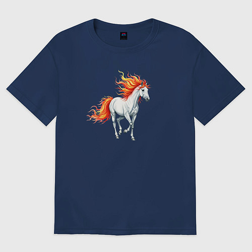 Мужская футболка оверсайз Белая лошадь с огненной гривой / Тёмно-синий – фото 1