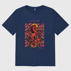 Футболка оверсайз мужская Красный огненный конь на закате с розами тату, цвет: тёмно-синий