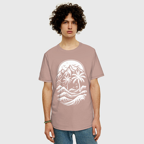 Мужская футболка оверсайз Тропический закат: горы, пальмы и море / Пыльно-розовый – фото 3
