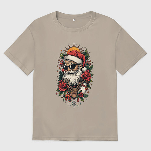 Мужская футболка оверсайз Дед мороз в черных очках и олень / Миндальный – фото 1