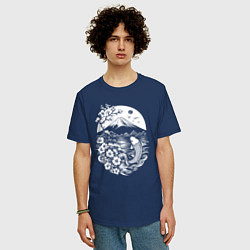 Футболка оверсайз мужская Сакура, Фудзи и карп кои, цвет: тёмно-синий — фото 2