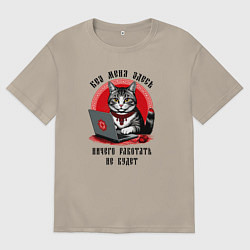 Футболка оверсайз мужская Кот за ноутбуком в русско-славянской вышиванке, цвет: миндальный