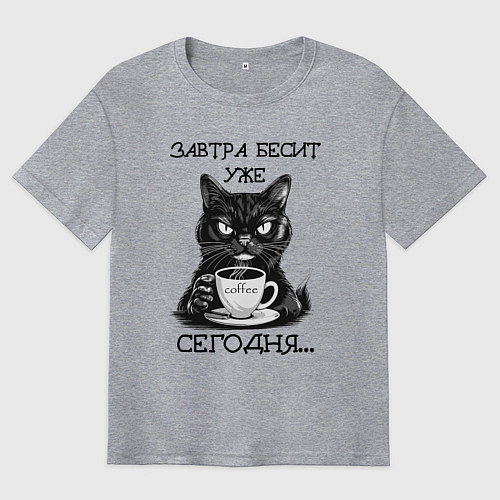 Мужская футболка оверсайз Завтра бесит уже сегодня - недовольный кот на рабо / Меланж – фото 1