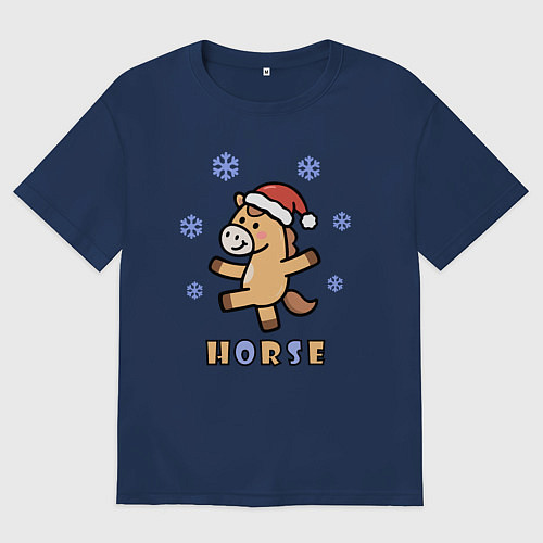 Мужская футболка оверсайз Лошадь и снежинки, символ года / Тёмно-синий – фото 1