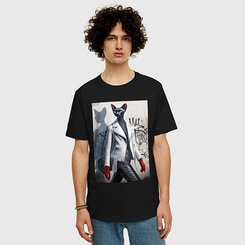 Мужская футболка оверсайз Cat girl Cornish Rex - ai art fantasy / Черный – фото 3