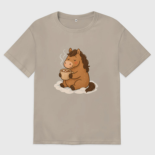 Мужская футболка оверсайз Лошадка пьет какао / Миндальный – фото 1