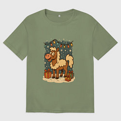 Футболка оверсайз мужская Новогодняя лошадь с подарками и гирляндой, цвет: авокадо