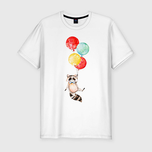 Мужская slim-футболка Енот на шариках / Белый – фото 1